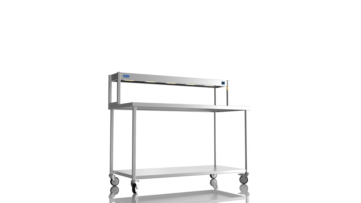 Nordstar Mobile Centre Table Bench With Heated Gantry Chefs Pass 1500mm | STCMCB1500 Stainless Steel Tables with Overshelf Nordstar