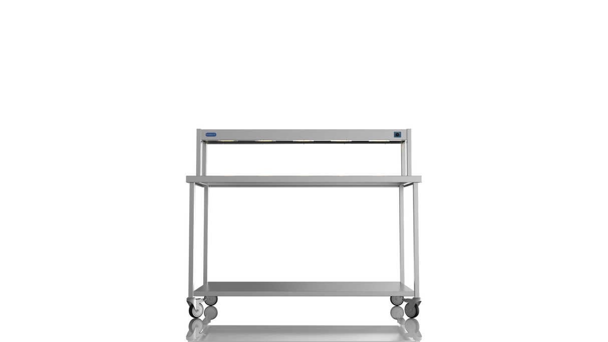 Nordstar Mobile Centre Table Bench With Heated Gantry Chefs Pass 1500mm | STCMCB1500 Stainless Steel Tables with Overshelf Nordstar