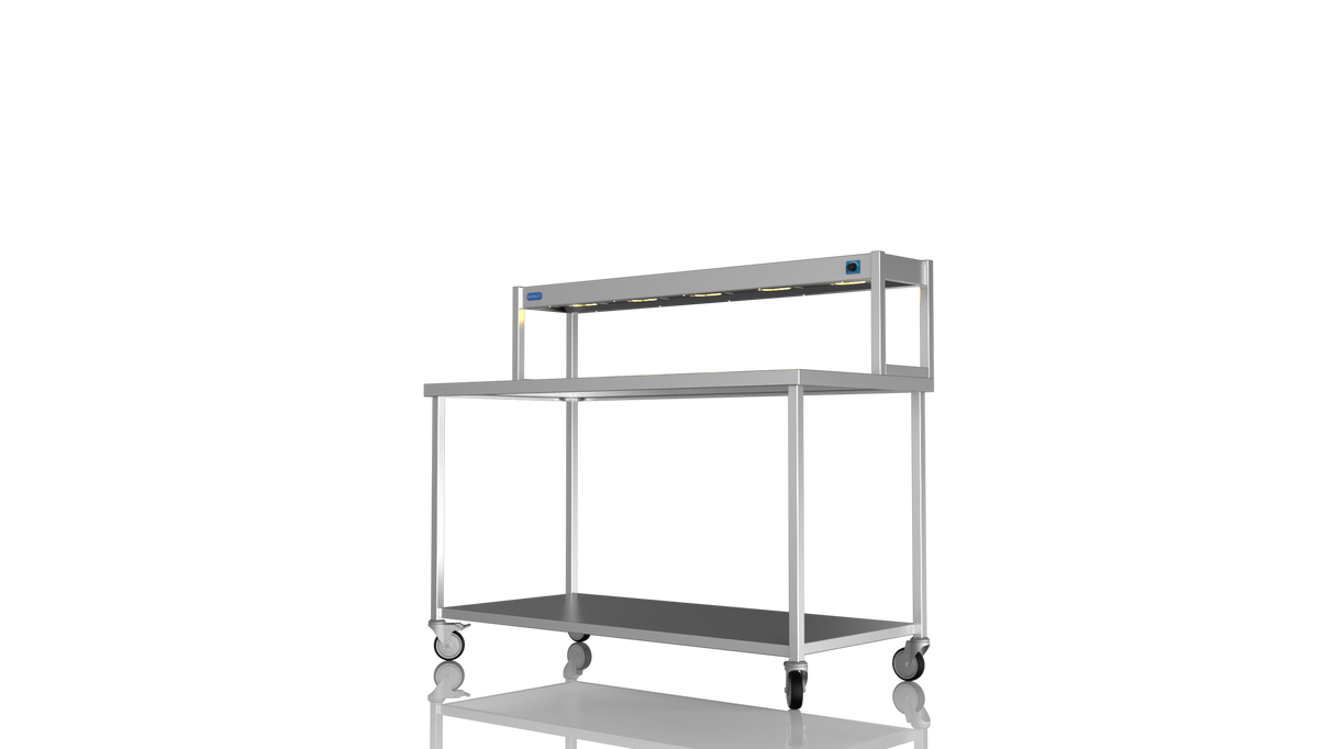 Nordstar Mobile Centre Table Bench With Heated Gantry Chefs Pass 1500mm | STCMCB1500 Stainless Steel Tables with Overshelf Nordstar