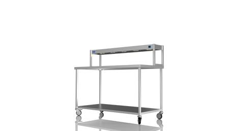 Nordstar Mobile Centre Table Bench With Heated Gantry Chefs Pass 1500mm | STCMCB1500 Stainless Steel Tables with Overshelf Nordstar