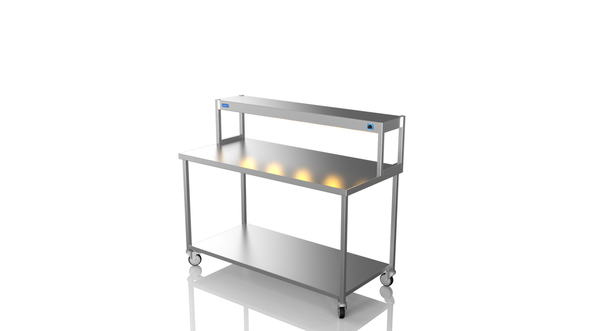 Nordstar Mobile Centre Table Bench With Heated Gantry Chefs Pass 1500mm | STCMCB1500 Stainless Steel Tables with Overshelf Nordstar