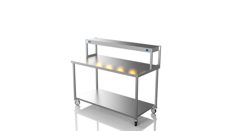 Nordstar Mobile Centre Table Bench With Heated Gantry Chefs Pass 1500mm | STCMCB1500 Stainless Steel Tables with Overshelf Nordstar