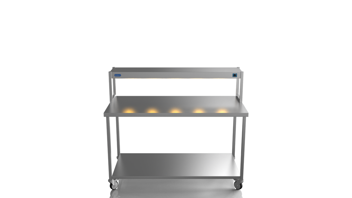 Nordstar Mobile Centre Table Bench With Heated Gantry Chefs Pass 1500mm | STCMCB1500 Stainless Steel Tables with Overshelf Nordstar