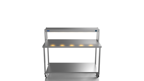 Nordstar Mobile Centre Table Bench With Heated Gantry Chefs Pass 1500mm | STCMCB1500 Stainless Steel Tables with Overshelf Nordstar