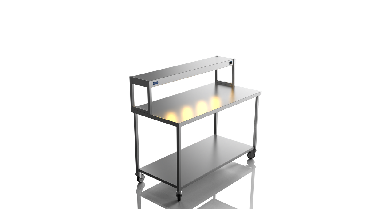 Nordstar Mobile Centre Table Bench With Heated Gantry Chefs Pass 1500mm | STCMCB1500 Stainless Steel Tables with Overshelf Nordstar