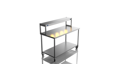 Nordstar Mobile Centre Table Bench With Heated Gantry Chefs Pass 1500mm | STCMCB1500 Stainless Steel Tables with Overshelf Nordstar