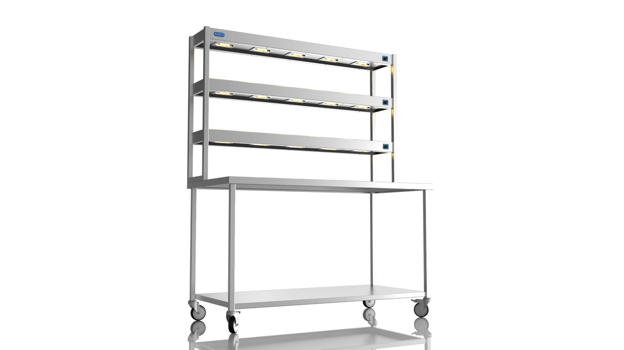 Nordstar Mobile Centre Table Bench With 3 Tier Heated Gantry Chefs Pass 1500mm | TTCMCB1500 Stainless Steel Tables with Overshelf Nordstar