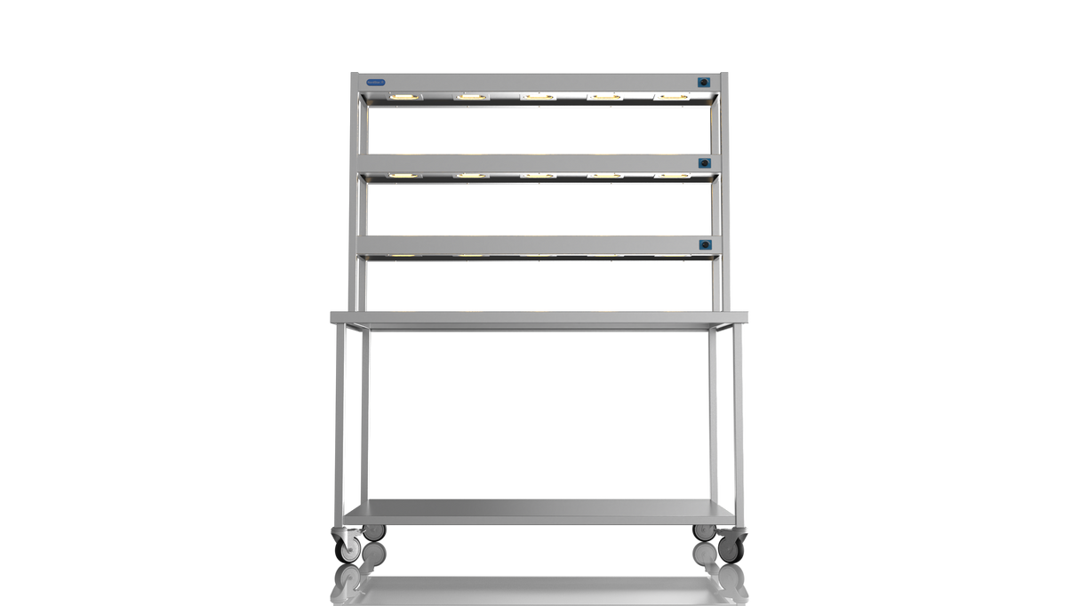 Nordstar Mobile Centre Table Bench With 3 Tier Heated Gantry Chefs Pass 1500mm | TTCMCB1500 Stainless Steel Tables with Overshelf Nordstar