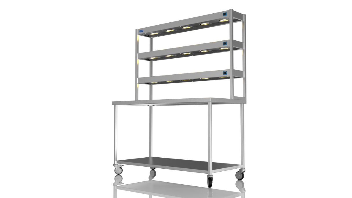 Nordstar Mobile Centre Table Bench With 3 Tier Heated Gantry Chefs Pass 1500mm | TTCMCB1500 Stainless Steel Tables with Overshelf Nordstar