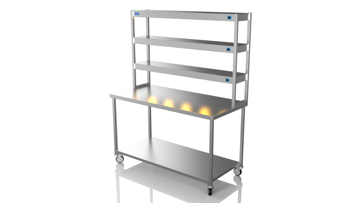 Nordstar Mobile Centre Table Bench With 3 Tier Heated Gantry Chefs Pass 1500mm | TTCMCB1500 Stainless Steel Tables with Overshelf Nordstar