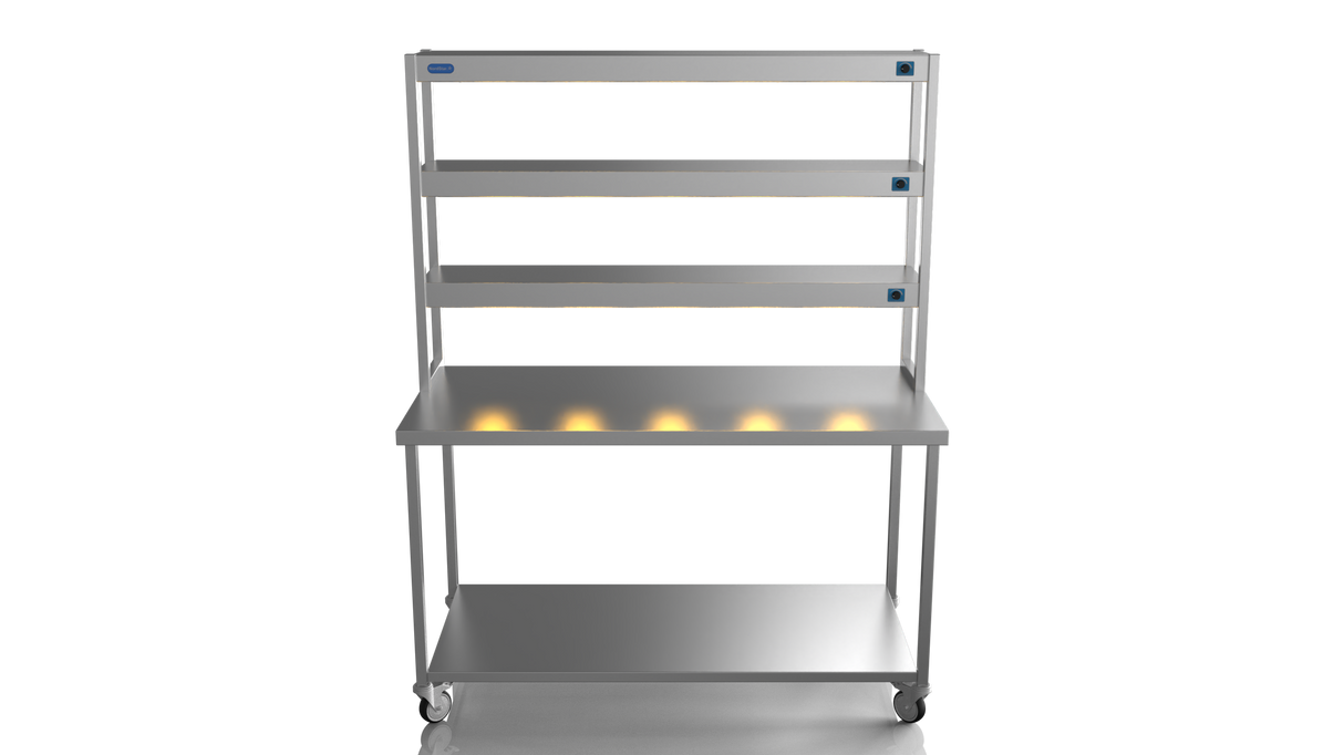 Nordstar Mobile Centre Table Bench With 3 Tier Heated Gantry Chefs Pass 1500mm | TTCMCB1500 Stainless Steel Tables with Overshelf Nordstar