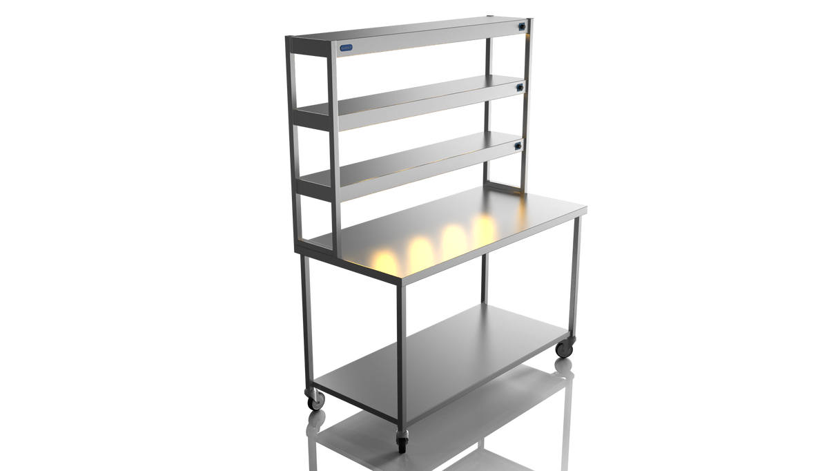 Nordstar Mobile Centre Table Bench With 3 Tier Heated Gantry Chefs Pass 1500mm | TTCMCB1500 Stainless Steel Tables with Overshelf Nordstar