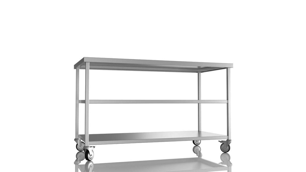 Nordstar Mobile Centre Table Bench with 2 Undershelves 1500mm Wide | NSMCB1500MS Stainless Steel Tables with Castors Nordstar