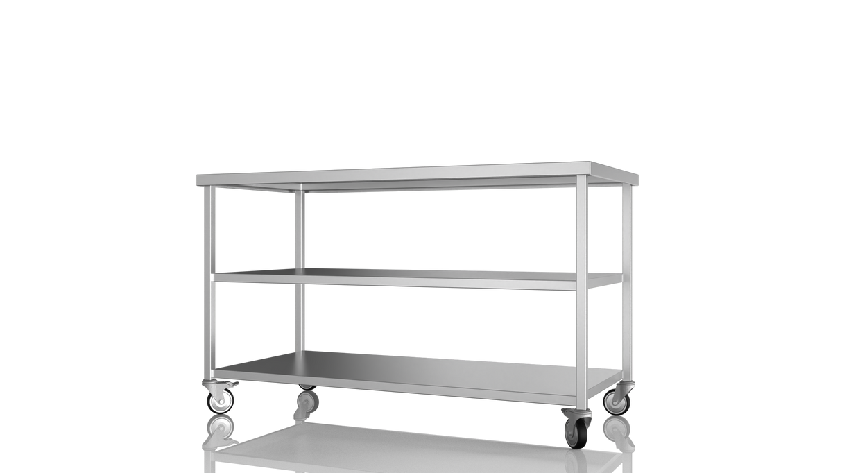 Nordstar Mobile Centre Table Bench with 2 Undershelves 1500mm Wide | NSMCB1500MS Stainless Steel Tables with Castors Nordstar