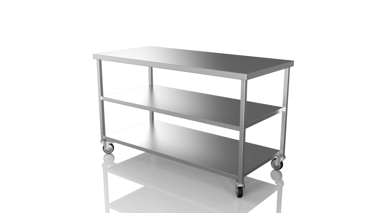 Nordstar Mobile Centre Table Bench with 2 Undershelves 1500mm Wide | NSMCB1500MS Stainless Steel Tables with Castors Nordstar