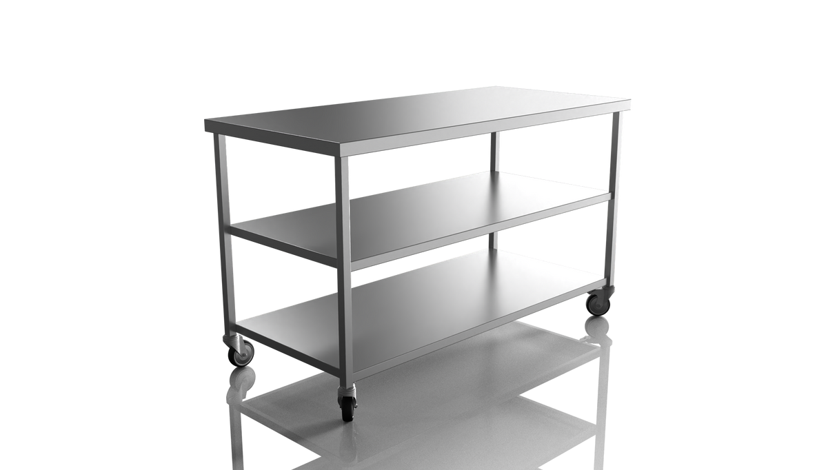 Nordstar Mobile Centre Table Bench with 2 Undershelves 1500mm Wide | NSMCB1500MS Stainless Steel Tables with Castors Nordstar