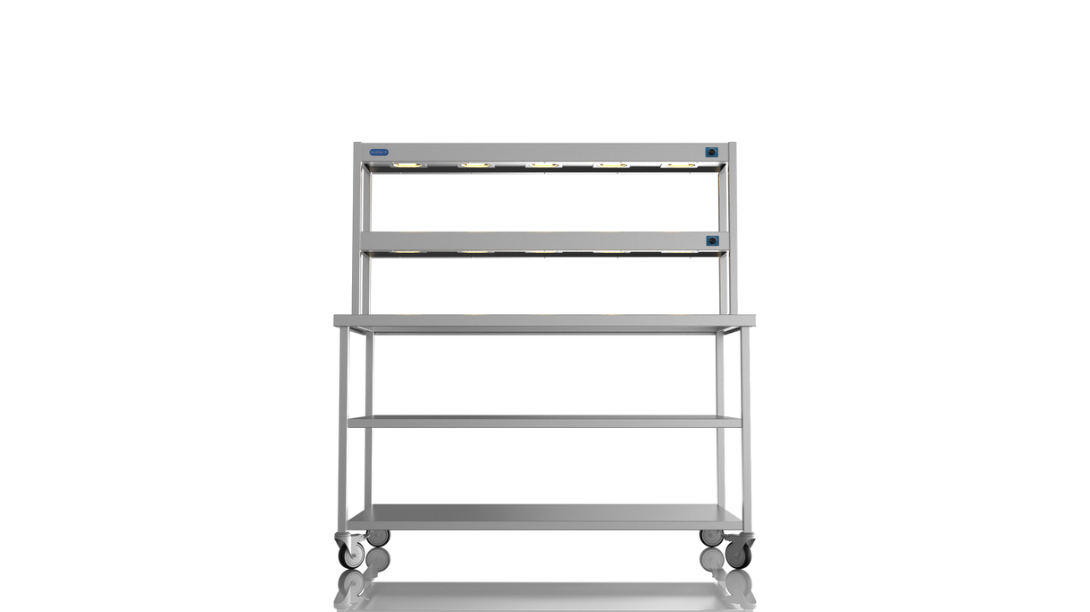 Nordstar Mobile Centre Table Bench With 2 Tier Heated Gantry Chefs Pass 1500mm | DTCMCB1500MS Stainless Steel Tables with Overshelf Nordstar