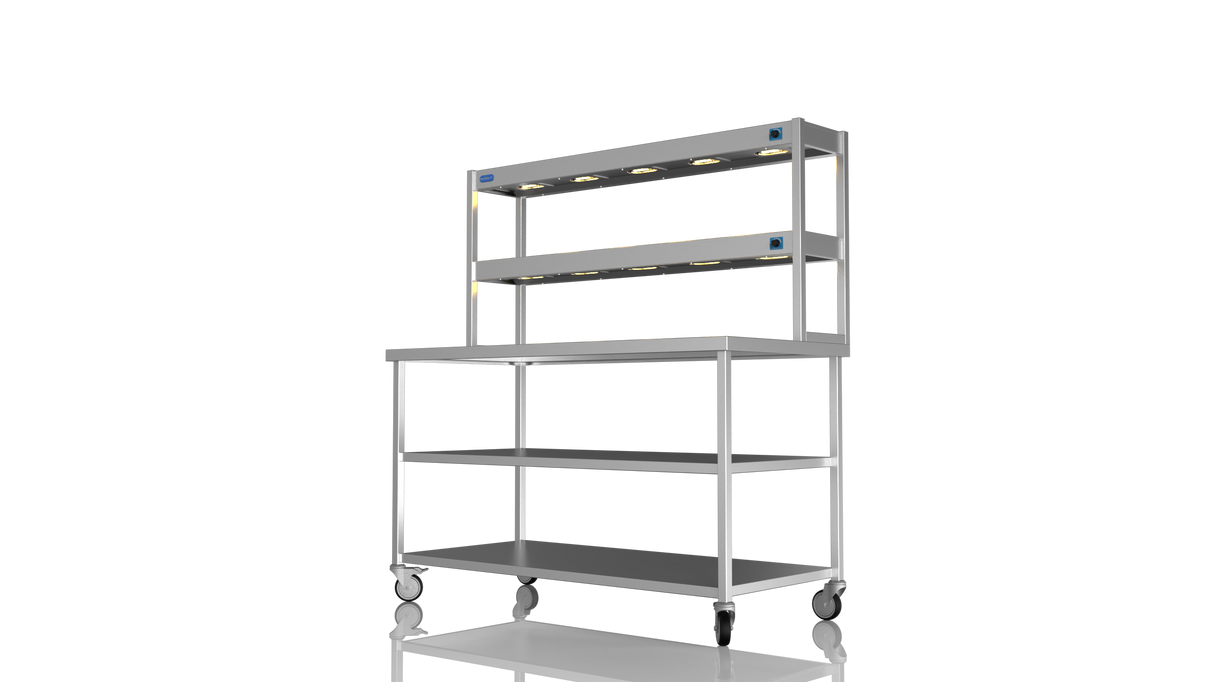 Nordstar Mobile Centre Table Bench With 2 Tier Heated Gantry Chefs Pass 1500mm | DTCMCB1500MS Stainless Steel Tables with Overshelf Nordstar