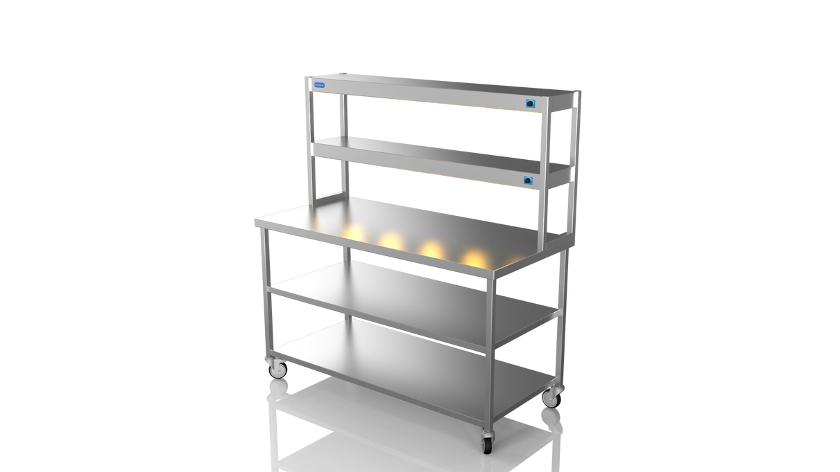 Nordstar Mobile Centre Table Bench With 2 Tier Heated Gantry Chefs Pass 1500mm | DTCMCB1500MS Stainless Steel Tables with Overshelf Nordstar