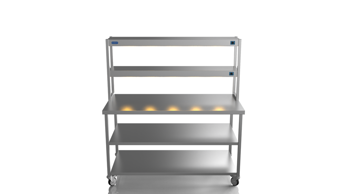 Nordstar Mobile Centre Table Bench With 2 Tier Heated Gantry Chefs Pass 1500mm | DTCMCB1500MS Stainless Steel Tables with Overshelf Nordstar