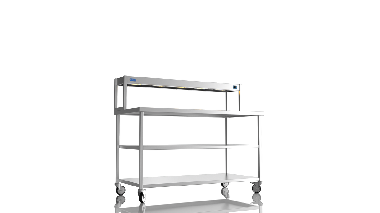 Nordstar Mobile Centre Table Bench With Heated Gantry Chefs Pass 1500mm | STCMCB1500MS Stainless Steel Tables with Overshelf Nordstar