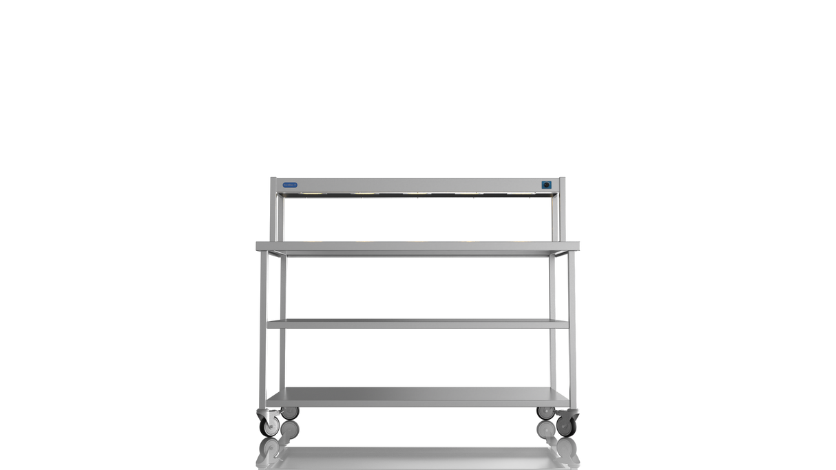 Nordstar Mobile Centre Table Bench With Heated Gantry Chefs Pass 1500mm | STCMCB1500MS Stainless Steel Tables with Overshelf Nordstar