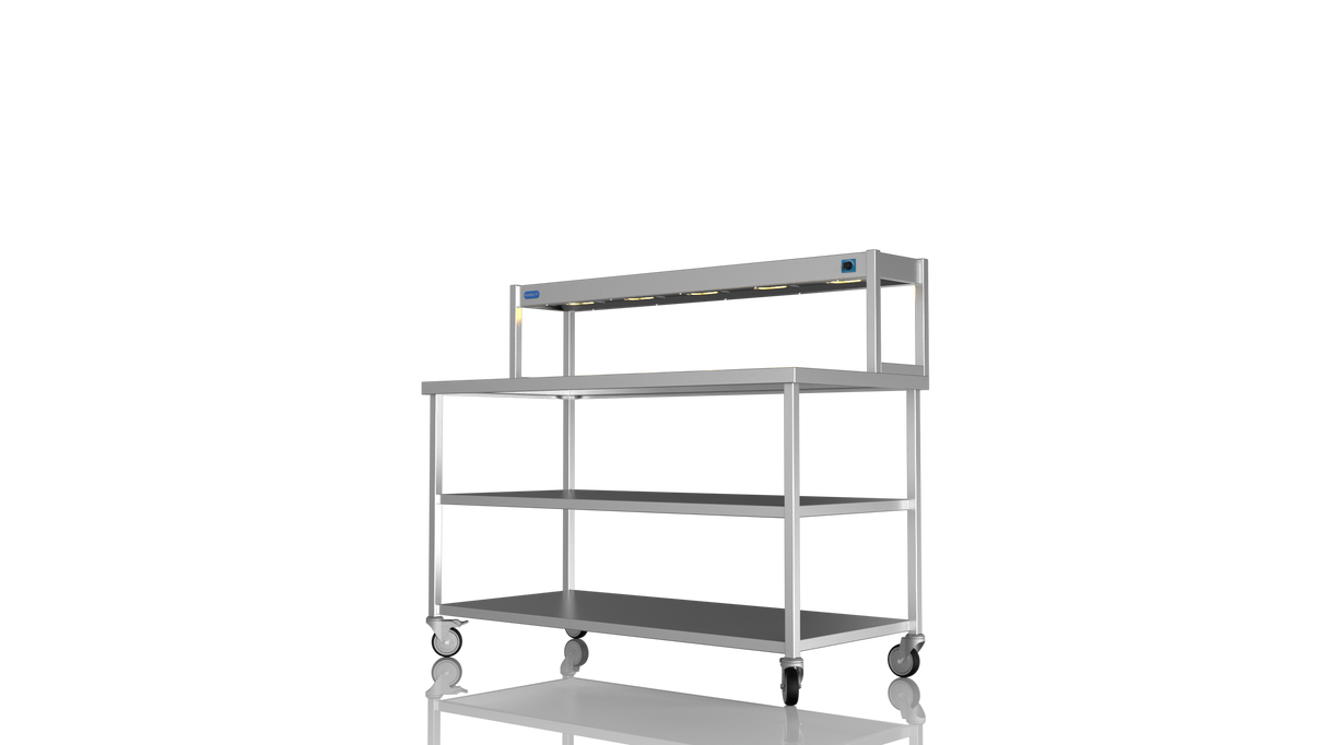 Nordstar Mobile Centre Table Bench With Heated Gantry Chefs Pass 1500mm | STCMCB1500MS Stainless Steel Tables with Overshelf Nordstar
