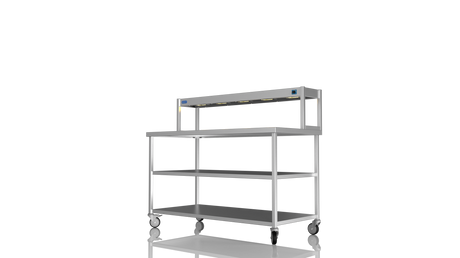 Nordstar Mobile Centre Table Bench With Heated Gantry Chefs Pass 1500mm | STCMCB1500MS Stainless Steel Tables with Overshelf Nordstar