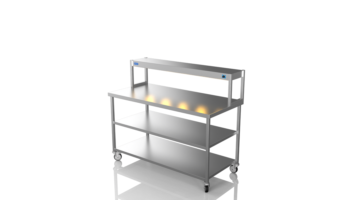 Nordstar Mobile Centre Table Bench With Heated Gantry Chefs Pass 1500mm | STCMCB1500MS Stainless Steel Tables with Overshelf Nordstar