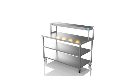 Nordstar Mobile Centre Table Bench With Heated Gantry Chefs Pass 1500mm | STCMCB1500MS Stainless Steel Tables with Overshelf Nordstar