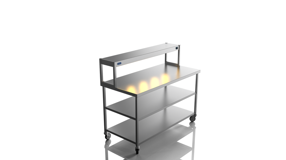 Nordstar Mobile Centre Table Bench With Heated Gantry Chefs Pass 1500mm | STCMCB1500MS Stainless Steel Tables with Overshelf Nordstar