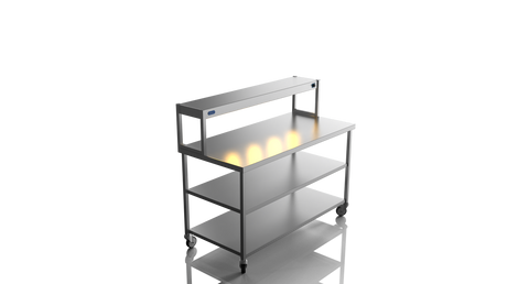 Nordstar Mobile Centre Table Bench With Heated Gantry Chefs Pass 1500mm | STCMCB1500MS Stainless Steel Tables with Overshelf Nordstar