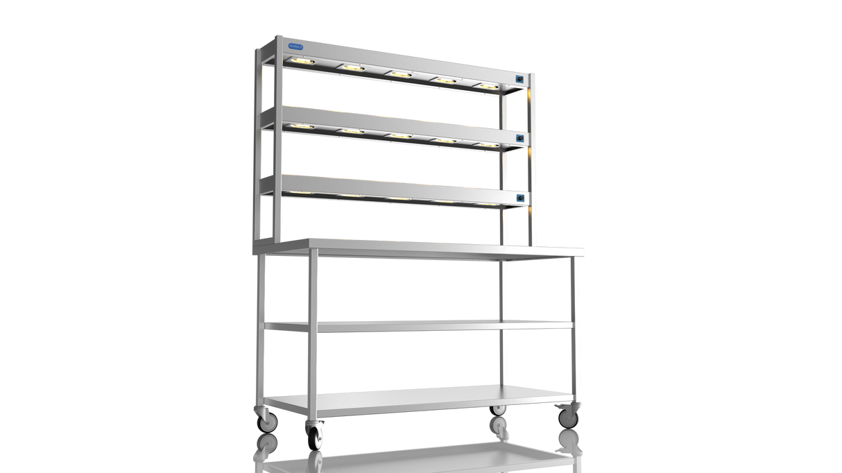 Nordstar Mobile Centre Table Bench With 3 Tier Heated Gantry Chefs Pass 1500mm | TTCMCB1500MS Stainless Steel Tables with Overshelf Nordstar