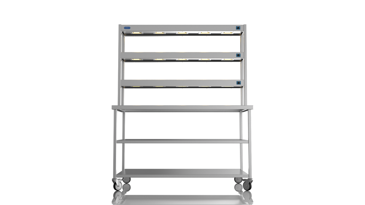 Nordstar Mobile Centre Table Bench With 3 Tier Heated Gantry Chefs Pass 1500mm | TTCMCB1500MS Stainless Steel Tables with Overshelf Nordstar