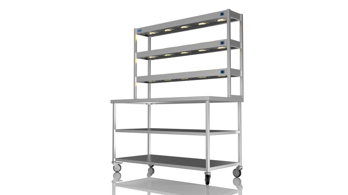 Nordstar Mobile Centre Table Bench With 3 Tier Heated Gantry Chefs Pass 1500mm | TTCMCB1500MS Stainless Steel Tables with Overshelf Nordstar