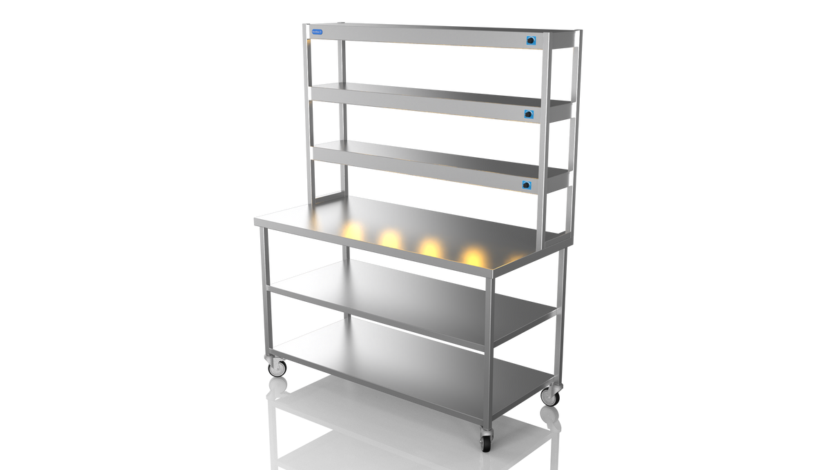 Nordstar Mobile Centre Table Bench With 3 Tier Heated Gantry Chefs Pass 1500mm | TTCMCB1500MS Stainless Steel Tables with Overshelf Nordstar