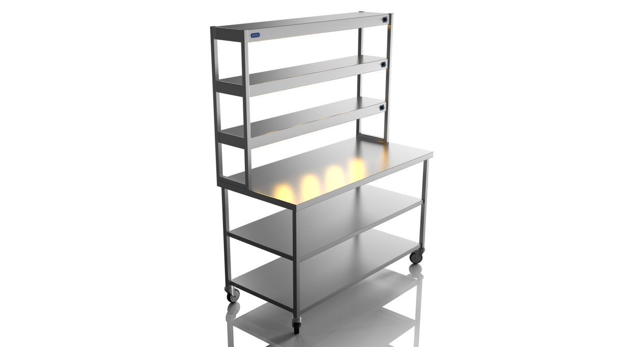 Nordstar Mobile Centre Table Bench With 3 Tier Heated Gantry Chefs Pass 1500mm | TTCMCB1500MS Stainless Steel Tables with Overshelf Nordstar