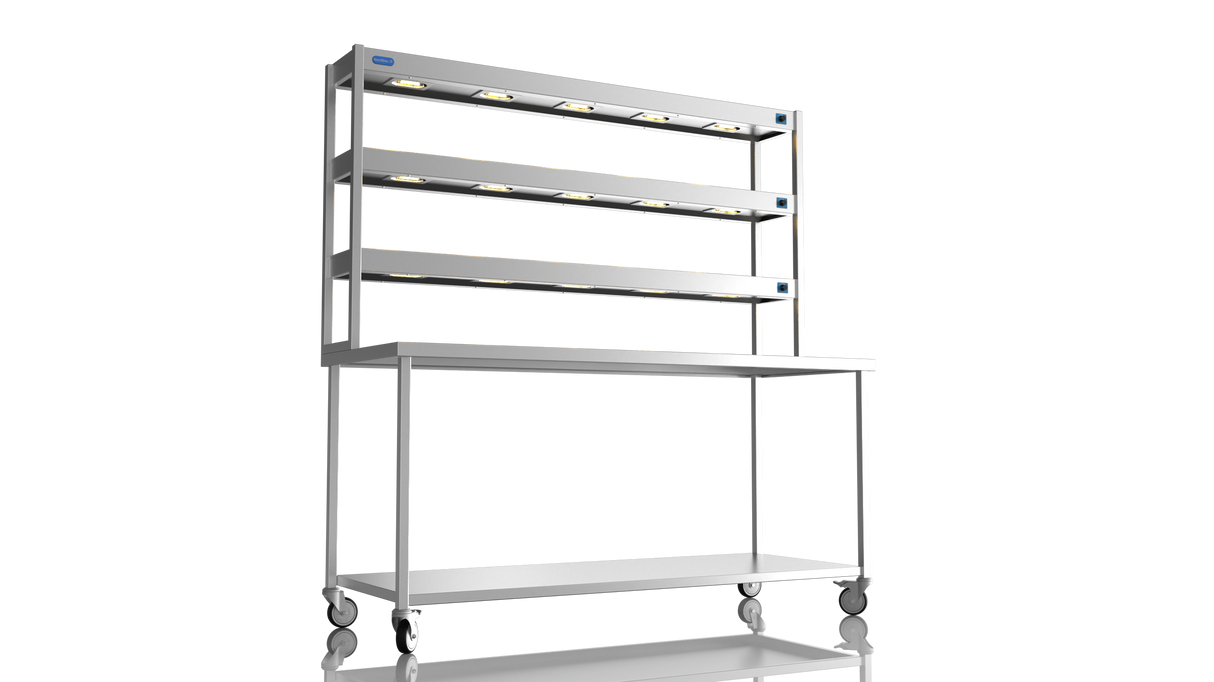 Nordstar Mobile Centre Table Bench With 3 Tier Heated Gantry Chefs Pass 1800mm | TTCMCB1800 Stainless Steel Tables with Overshelf Nordstar