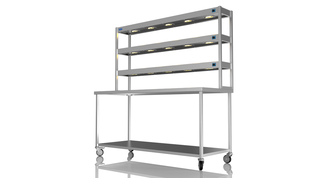 Nordstar Mobile Centre Table Bench With 3 Tier Heated Gantry Chefs Pass 1800mm | TTCMCB1800 Stainless Steel Tables with Overshelf Nordstar
