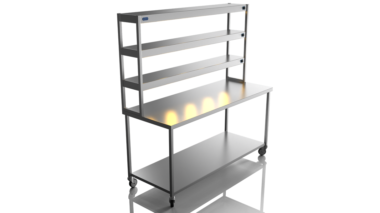 Nordstar Mobile Centre Table Bench With 3 Tier Heated Gantry Chefs Pass 1800mm | TTCMCB1800 Stainless Steel Tables with Overshelf Nordstar