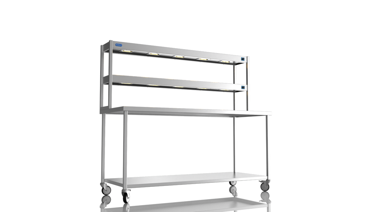 Nordstar Mobile Centre Table Bench With 2 Tier Heated Gantry Chefs Pass 1800mm | DTCMCB1800 Stainless Steel Tables with Overshelf Nordstar