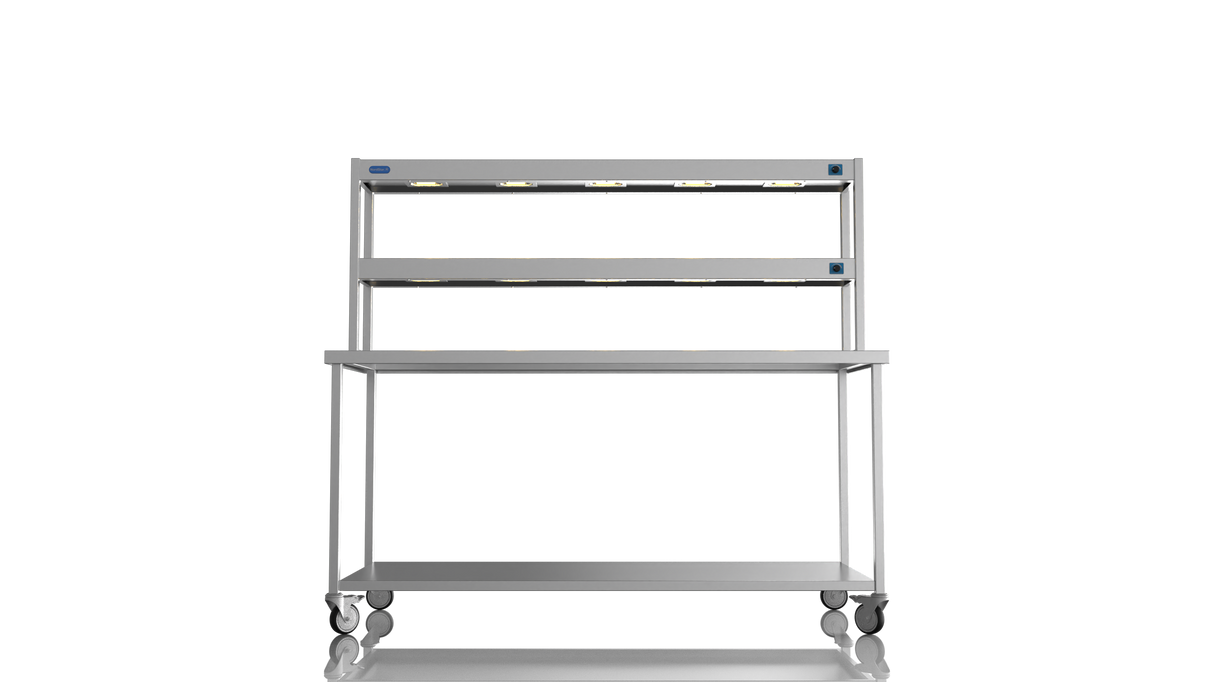 Nordstar Mobile Centre Table Bench With 2 Tier Heated Gantry Chefs Pass 1800mm | DTCMCB1800 Stainless Steel Tables with Overshelf Nordstar