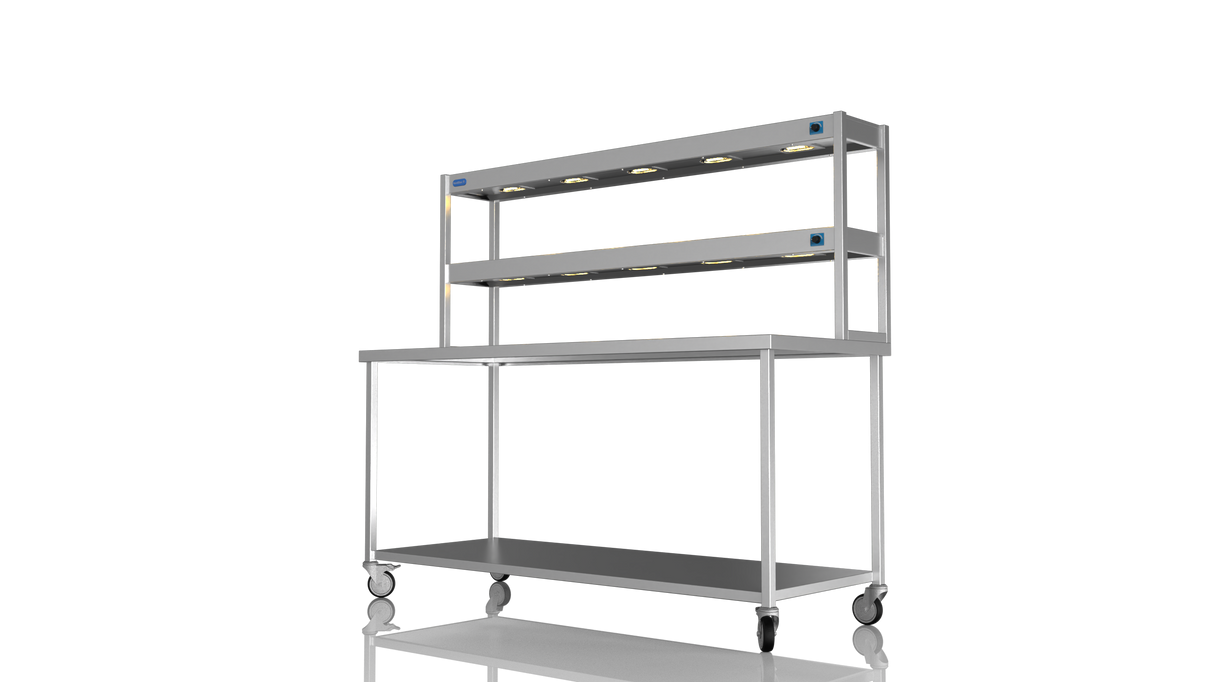 Nordstar Mobile Centre Table Bench With 2 Tier Heated Gantry Chefs Pass 1800mm | DTCMCB1800 Stainless Steel Tables with Overshelf Nordstar