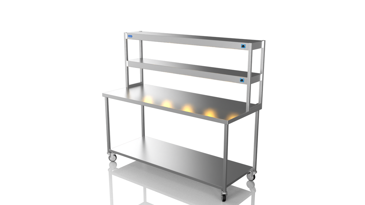 Nordstar Mobile Centre Table Bench With 2 Tier Heated Gantry Chefs Pass 1800mm | DTCMCB1800 Stainless Steel Tables with Overshelf Nordstar