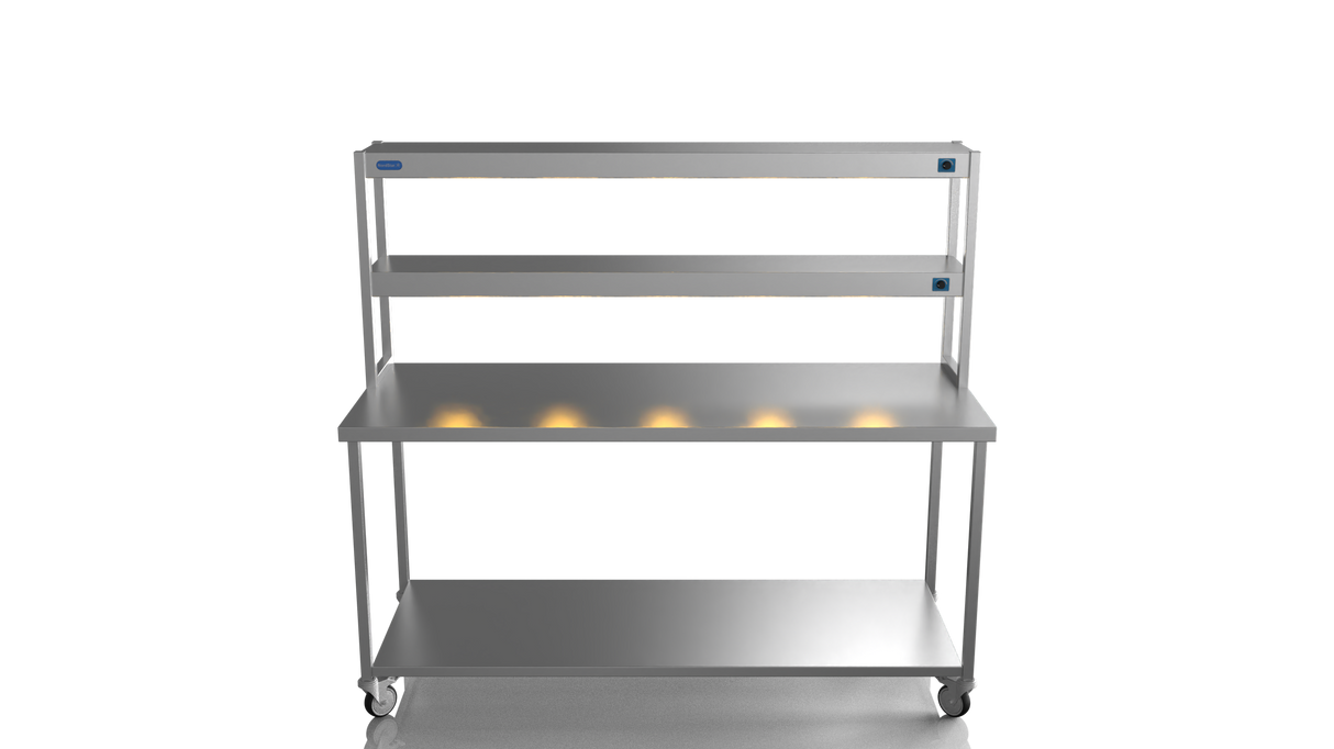 Nordstar Mobile Centre Table Bench With 2 Tier Heated Gantry Chefs Pass 1800mm | DTCMCB1800 Stainless Steel Tables with Overshelf Nordstar