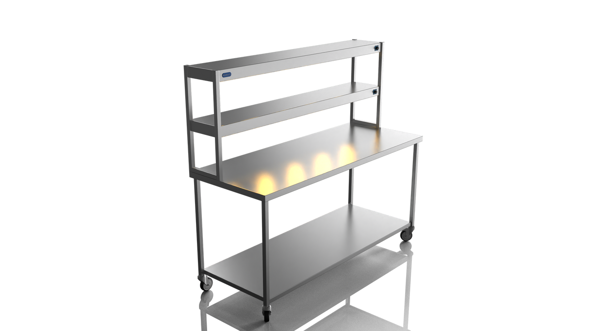 Nordstar Mobile Centre Table Bench With 2 Tier Heated Gantry Chefs Pass 1800mm | DTCMCB1800 Stainless Steel Tables with Overshelf Nordstar
