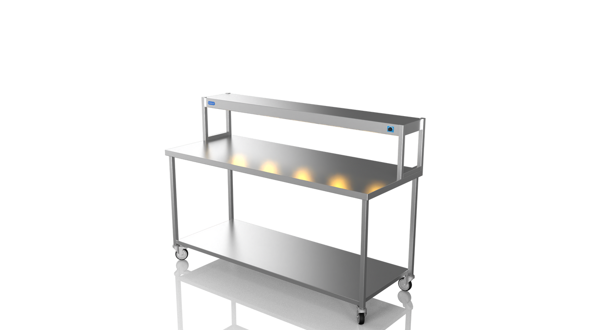 Nordstar Mobile Centre Table Bench With Heated Gantry Chefs Pass 1800mm | STCMCB1800 Stainless Steel Tables with Overshelf Nordstar