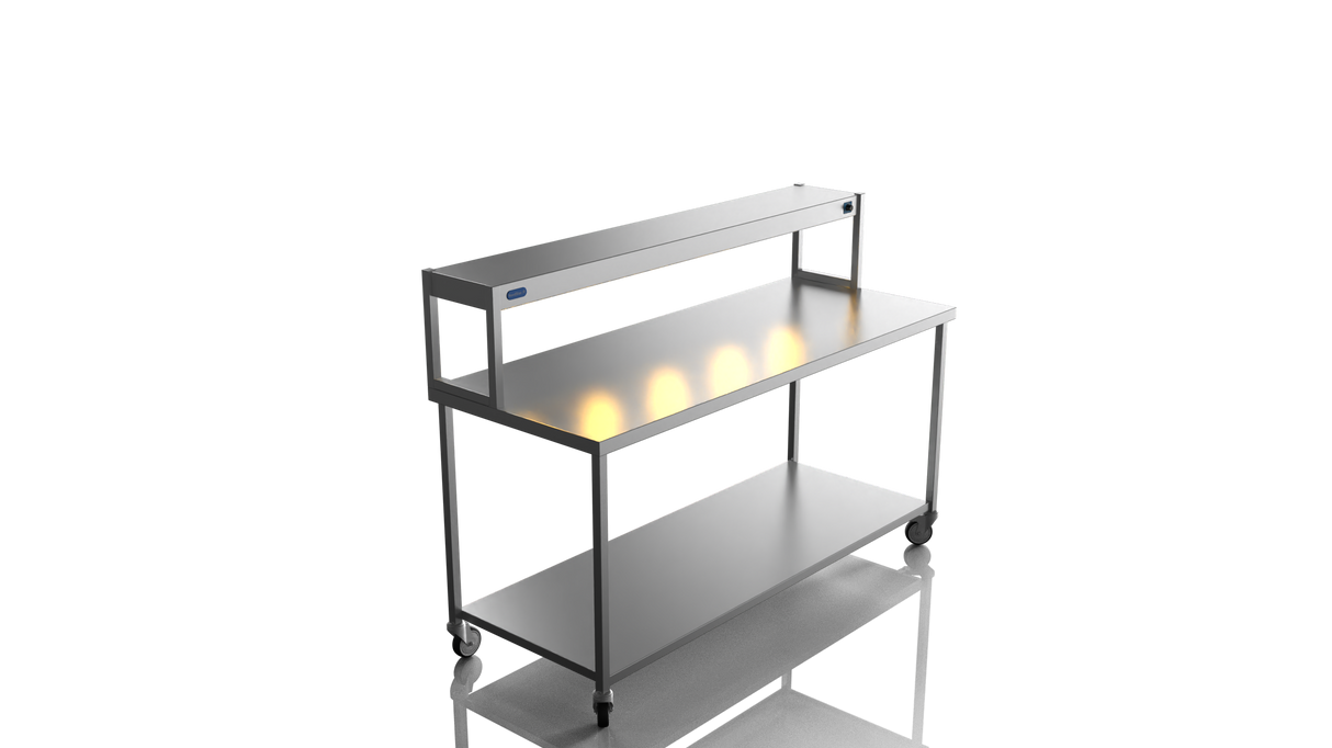 Nordstar Mobile Centre Table Bench With Heated Gantry Chefs Pass 1800mm | STCMCB1800 Stainless Steel Tables with Overshelf Nordstar