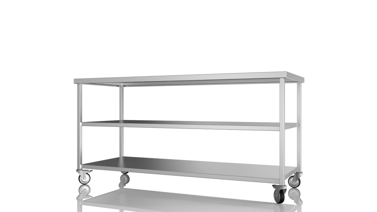 Nordstar Mobile Centre Table Bench with 2 Undershelves 1800mm Wide | NSMCB1800MS Stainless Steel Tables with Castors Nordstar