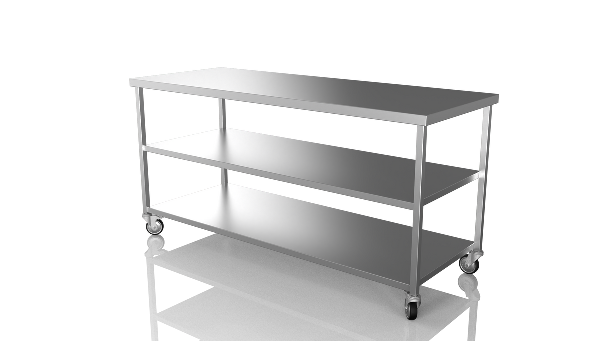 Nordstar Mobile Centre Table Bench with 2 Undershelves 1800mm Wide | NSMCB1800MS Stainless Steel Tables with Castors Nordstar
